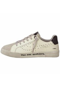 Weiße Ledersneaker mit hellgrauem Wildleder-Zehenkappen, perforiertem Design, grauen Schnürsenkeln und "DU BIST GLORREICH" auf der Seite gedruckt. Schwarzer Fersenakzent.