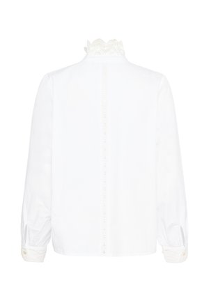 Blusa blanca de manga larga con cuello y puños de encaje, que presenta un ribete de encaje vertical en el centro de la espalda.