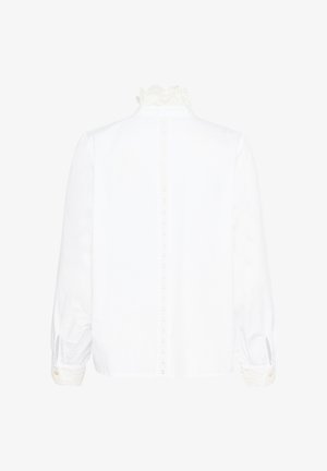Bluză albă cu mâneci lungi, cu guler și mansete din dantelă, având o dantelă verticală pe centrul spatelui.