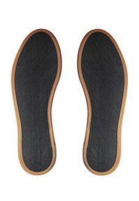 Black textured insoles with a brown rubber border, featuring a diamond pattern. Designed for comfort and fit within footwear.