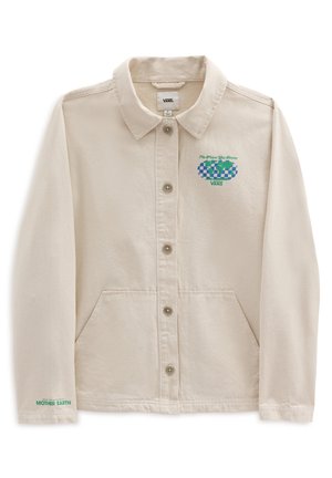 Veste Vans beige à boutons avec poches avant, motif globe vert et bleu "No Place Like Home" sur la poitrine, et texte "Mother Earth" sur la manche.