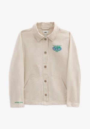 Beige Vans jakke med knapper foran, forlommer, grøn og blå globusgrafik med teksten „No Place Like Home“ på brystet og teksten „Mother Earth“ på ærmet.
