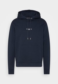 Námořnická modrá mikina s kapucí, přední klokanní kapsou, nastavitelnými šňůrkami a bílým textovým logem na hrudi. Měkký materiál z bavlněné směsi.