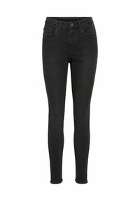Zwarte skinny jeans van denim, met een hoge taille, vijf zakken en een knoopsluiting. Gladde textuur met minimale stikdetails.