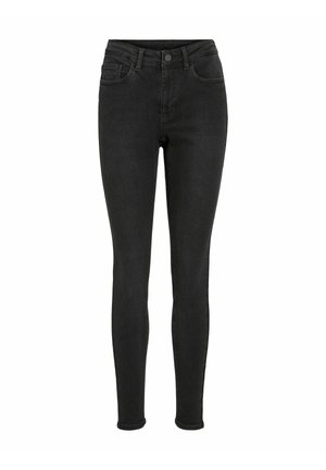 Jeans skinny noirs en denim, dotés d'une taille haute, de cinq poches et d'une fermeture à bouton. Texture lisse avec un minimum de détails de couture.