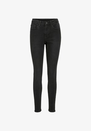 Mustad mustad teksad, kõrge vöökoht, viie taskuga ja nupuga kinnitamine. Sujuv tekstuur minimaalsete õmblusdetailidega.