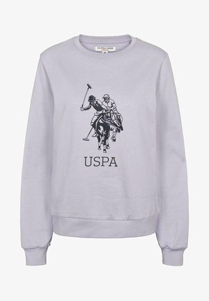 Sweat-shirt gris clair en tissu doux. Présente un dessin noir de deux joueurs de polo à cheval avec le texte "USPA" en dessous.