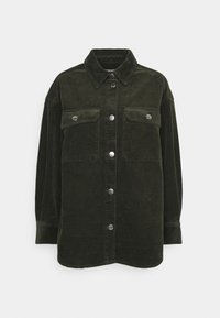 Tmavě zelená manšestrová košile bunda s klasickým límcem, dlouhými rukávy, dvěma kapsami na prsou a stříbrnými knoflíkovými zapínáními vpředu.