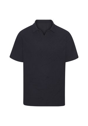 Schwarzes Polo-Shirt mit kurzen Ärmeln, Kragen und V-förmigem Ausschnitt, dargestellt auf einem schlichten weißen Hintergrund.