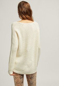 Femme aux longs cheveux bruns portant un pull en tricot crème ample et un pantalon à imprimé serpent brun, tournée dos à un fond clair.