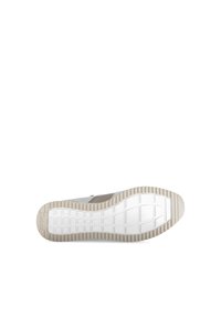 Sneaker featuring a white rubber sole with a textured pattern, canvas upper in light gray and beige, with contrasting accents.