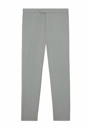 Hellgraue, schmal geschnittene Hose mit flacher Vorderseite und ohne sichtbare Taschen, flach auf weißem Hintergrund liegend.