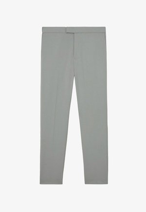Pantalon gris clair, coupe slim, avec devant plat et sans poches visibles, posé à plat sur fond blanc.