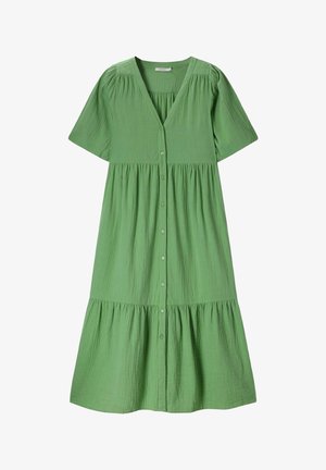Groene midi-jurk met korte mouwen, V-hals, geplooide taille, knopen aan de voorkant en gestructureerde lichte stof.