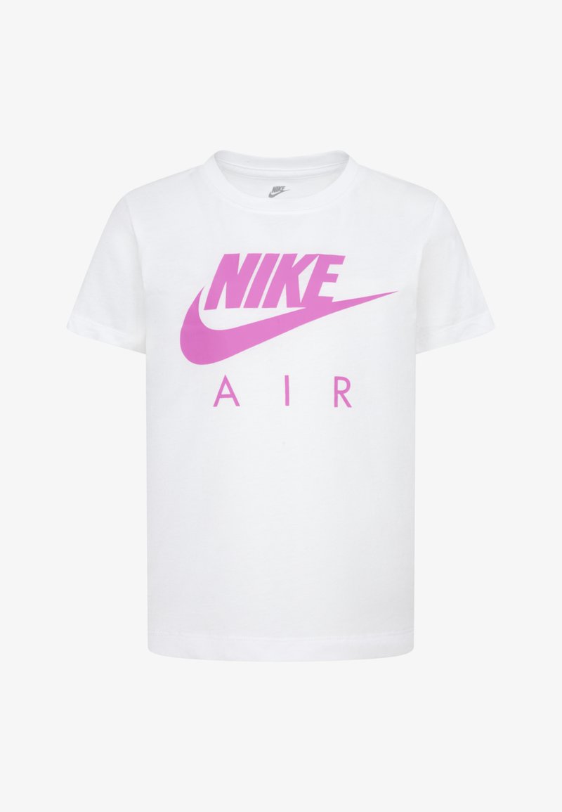 Camiseta de algodón blanca con un gran logo de Nike en color rosa y la palabra "AIR," mangas cortas y un cuello redondo clásico.