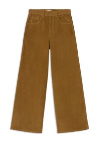 Brown wide-leg corduroy pants with front pockets, belt loops, and button closure, laid flat on a white background.