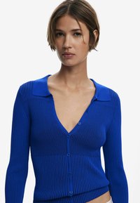 Ribbed blue cardigan with a deep V-neck and a pointed collar. Features buttons down the front and long sleeves with a textured design.