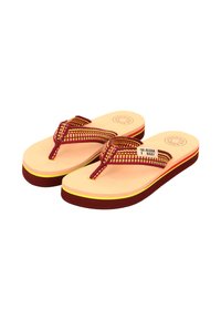 Red and yellow patterned flip-flops with a soft beige footbed and burgundy sole, featuring a woven strap and a logo tag.