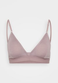 Ljus mauve bralette med tunna justerbara band, mjukt tyg, triangulära kupor och ett brett elastiskt band i botten för stöd.