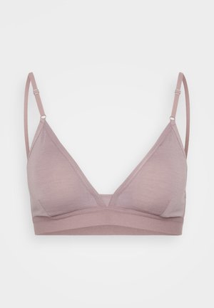 Light mauve bralette with thin adjustable straps, soft fabric, triangular cups, and a wide elastic band at the bottom for support.