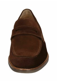 Braune Wildleder-Loafer mit glattem Obermaterial, quadrater Zehenpartie und minimalen Nähdetails. Verfügt über eine gepolsterte Innensohle und eine flache Gummisohle.