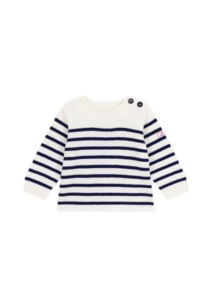Striped genser laget av myk stoff, med marineblå og hvite striper, rund hals, og to knapper på skulderen for enkel påkledning.