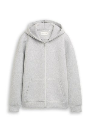 Graue Zip-Hoodie aus weichem Stoff, mit einem Frontreißverschluss, zwei vorderen Taschen und einer Kapuze mit Kordelzug. Glatte Textur mit gerippten Bündchen.