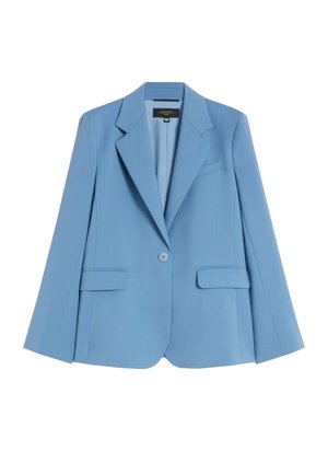 Blazer sartoriale da donna azzurro chiaro con un bottone, rever a lancia e tasche a filetto e con patta, mostrato su sfondo bianco.