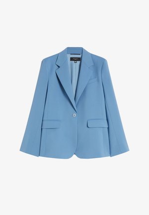 Blazer sartoriale da donna azzurro chiaro con un bottone, rever a lancia e tasche a filetto e con patta, mostrato su sfondo bianco.