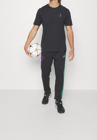 Schwarzes T-Shirt und schwarze Jogginghose mit grünen Seitenstreifen; hält einen mehrfarbigen Fußball. Verfügt über das Adidas-Logo auf der Kleidung.