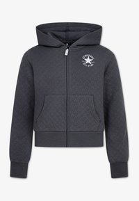 Tamno siva zip-up dukserica od teksturirane tkanine s kenguruh džepom, rebrastim manžetama i bijelim Converse All Star logom na prsima.