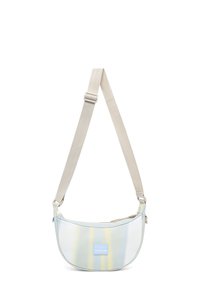 Borsa a tracolla in tessuto morbido, con una trama a sfumatura blu e gialla, forma curva, tracolla regolabile beige e patch con logo.