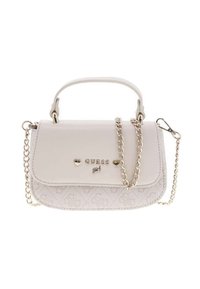 Sac à main blanc avec une partie supérieure lisse et une partie inférieure texturée, doté d'une bandoulière en chaîne dorée, d'accents en forme de cœur et d'une fermeture à fermoir.