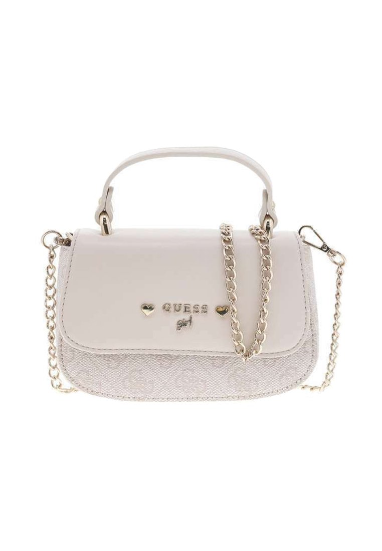 Sac à main blanc avec une partie supérieure lisse et une partie inférieure texturée, doté d'une bandoulière en chaîne dorée, d'accents en forme de cœur et d'une fermeture à fermoir.