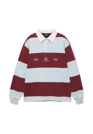 Pitkähihainen rugby-paita, jossa leveät vaakasuorat viininpunaiset ja vaaleansiniset raidat, valkoinen kaulus ja pienet valkoiset tekstilogot rinnassa.