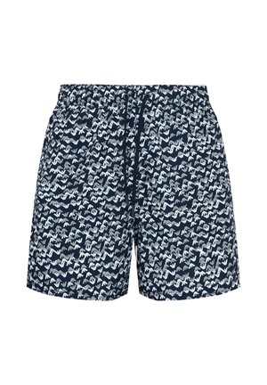 Costume da bagno blu navy con motivo astratto a zigzag bianco e grigio chiaro e cintura elastica con coulisse nera.