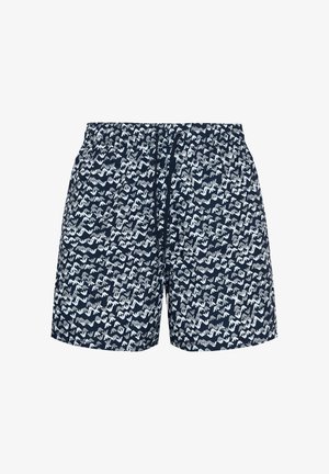 Costume da bagno blu navy con motivo astratto a zigzag bianco e grigio chiaro e cintura elastica con coulisse nera.