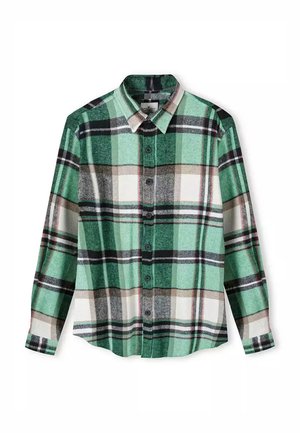 Zielona koszula w kratę wykonana z flaneli, z zapięciem na guziki, kołnierzykiem oraz odcieniami zielonego, białego i czarnego w kratkowanym wzorze.