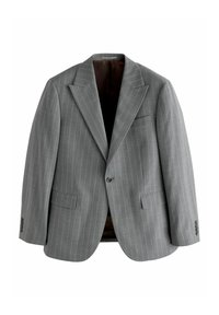 Blazer gris a rayas con solapas de muesca, cierre de un botón, dos bolsillos frontales y un forro marrón liso. Tejido texturizado.