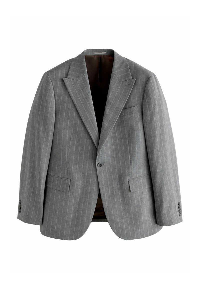 Blazer gris a rayas con solapas de muesca, cierre de un botón, dos bolsillos frontales y un forro marrón liso. Tejido texturizado.
