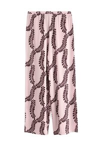 Pantaloni a gamba larga di un delicato rosa chiaro, decorati con un motivo di foglie color bordeaux scuro, realizzati in un tessuto morbido con una vita elasticizzata per il massimo comfort.