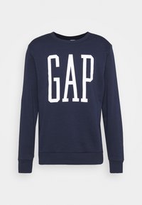 Felpa a maniche lunghe blu navy con grandi lettere bianche "GAP" centrali sul davanti, polsini a coste e scollo a girocollo.