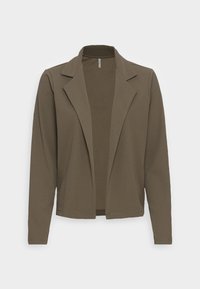 Blazer marron en tissu souple et extensible avec un col à revers, design ouvert à l'avant et manches longues. Sans fermeture, texture lisse.