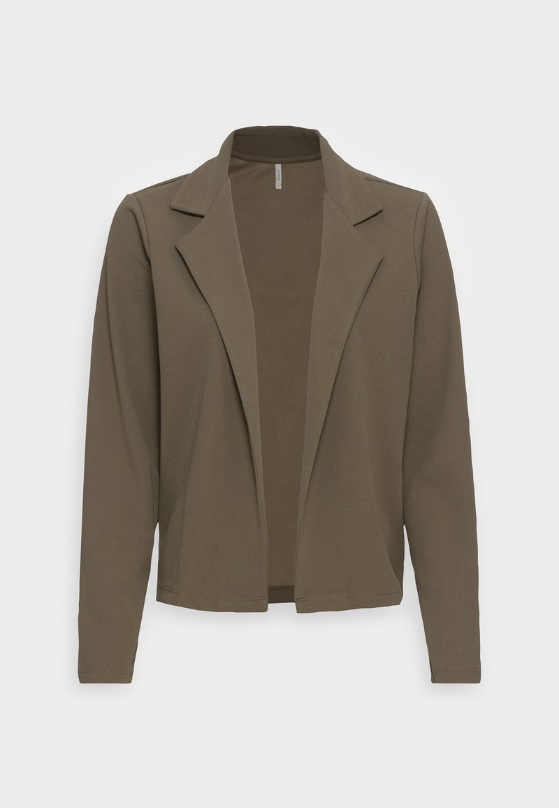 Blazer marron en tissu souple et extensible avec un col à revers, design ouvert à l'avant et manches longues. Sans fermeture, texture lisse.