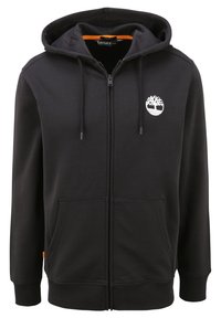 Sudadera con cremallera negra hecha de una mezcla de algodón, que cuenta con un bolsillo tipo canguro, capucha con cordón y un logo de árbol blanco en el lado izquierdo del pecho. Acentos naranjas en el interior.
