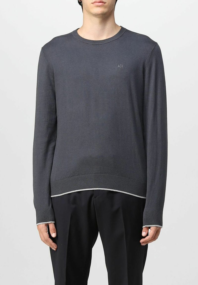 Maglione grigio a maniche lunghe realizzato in materiale morbido, con scollatura rotonda, polsini a costine e un dettaglio a contrasto sull'orlo. Logo sul petto.
