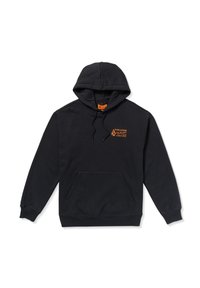 Sort hættebluse lavet af bomuldsblandet stof; har en frontlomme og et orange logo på venstre bryst. Justerbar snøre i hætten.