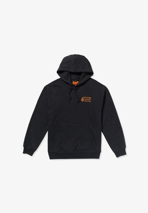 Sweatshirt à capuche noir en tissu mélangé coton ; il possède une poche kangourou à l'avant et un logo orange sur la poitrine gauche. Capuche avec cordon de serrage ajustable.