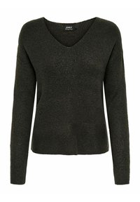 Pull vert foncé avec col en V, manches longues et tissu texturé. Le design comprend une coupe ample et un léger côtes tout au long.
