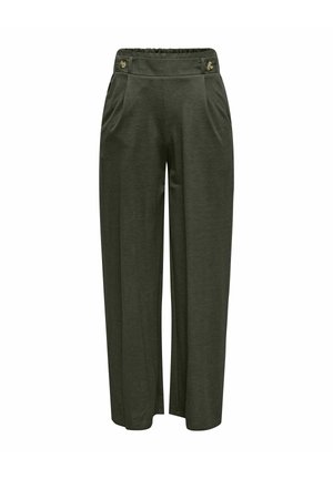 Pantalones de mujer de cintura alta en verde oliva con piernas anchas, bolsillos delanteros y botones decorativos en la cintura.